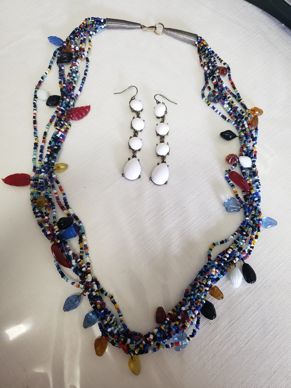 Vintage Boho Multi-Strand Glass Seed Bead Necklace & White Drop Earrings Set